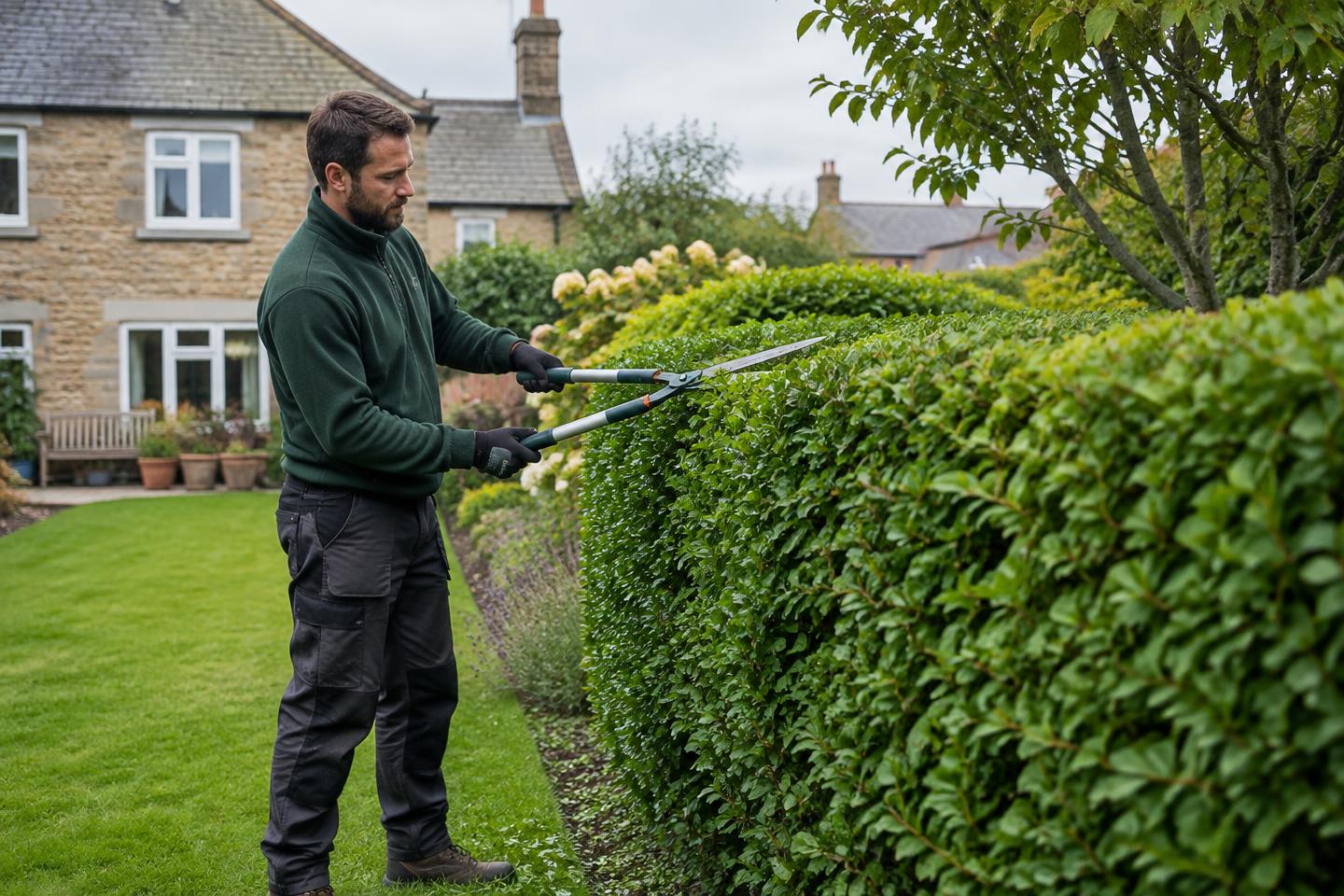 Professional gardener neatly trimming a hedge in a British residential garden