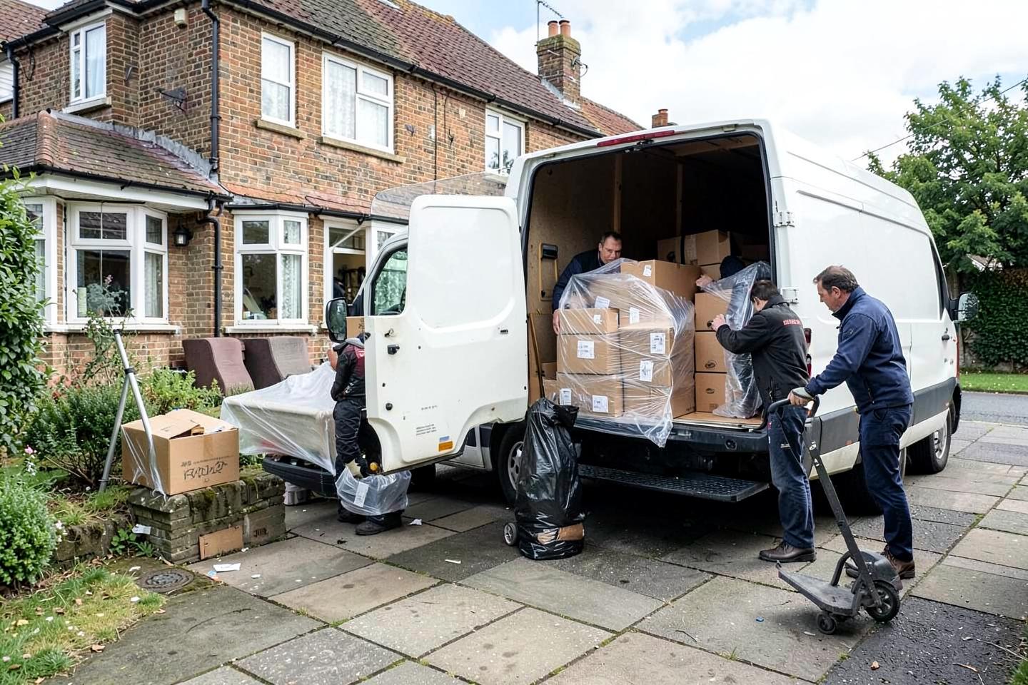Removal team loading labelled boxes and wrapped furniture into a removal van outside a house