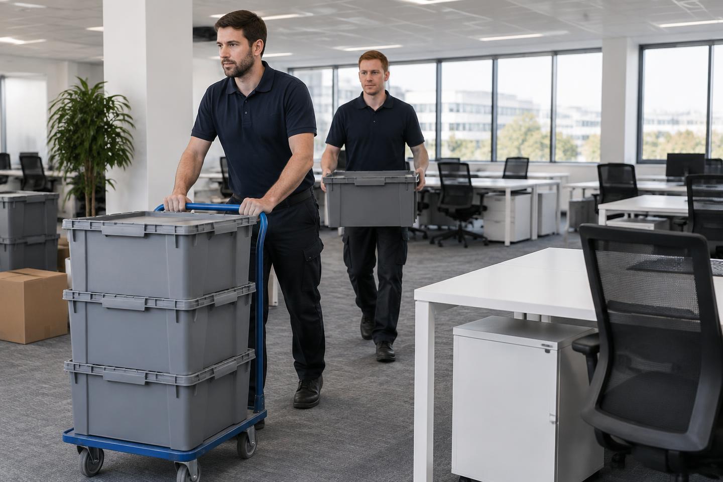 Movers wheeling stacked office crates through an office being relocated