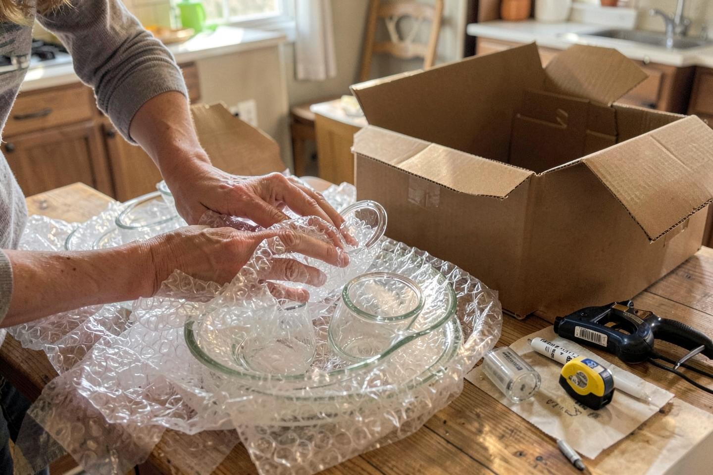 Hands wrapping glassware in bubble wrap beside an open cardboard moving box