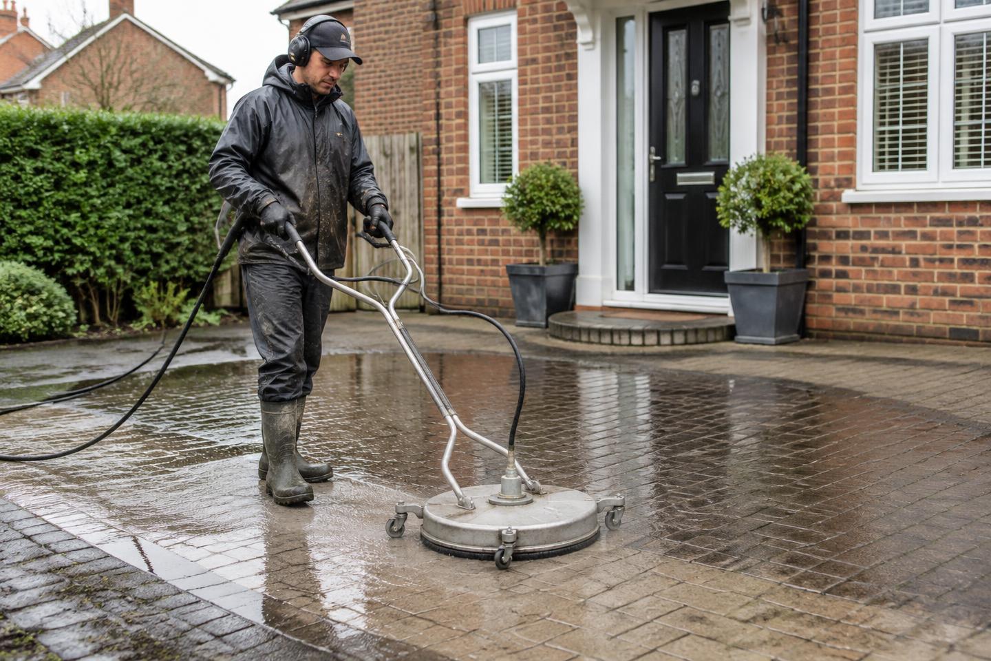 Professional exterior cleaner pressure washing a paved driveway outside a British home